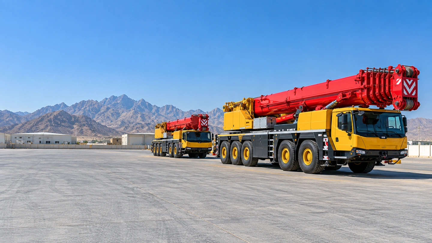 Mobile cranes neatly arranged in an Oman-style industrial yard